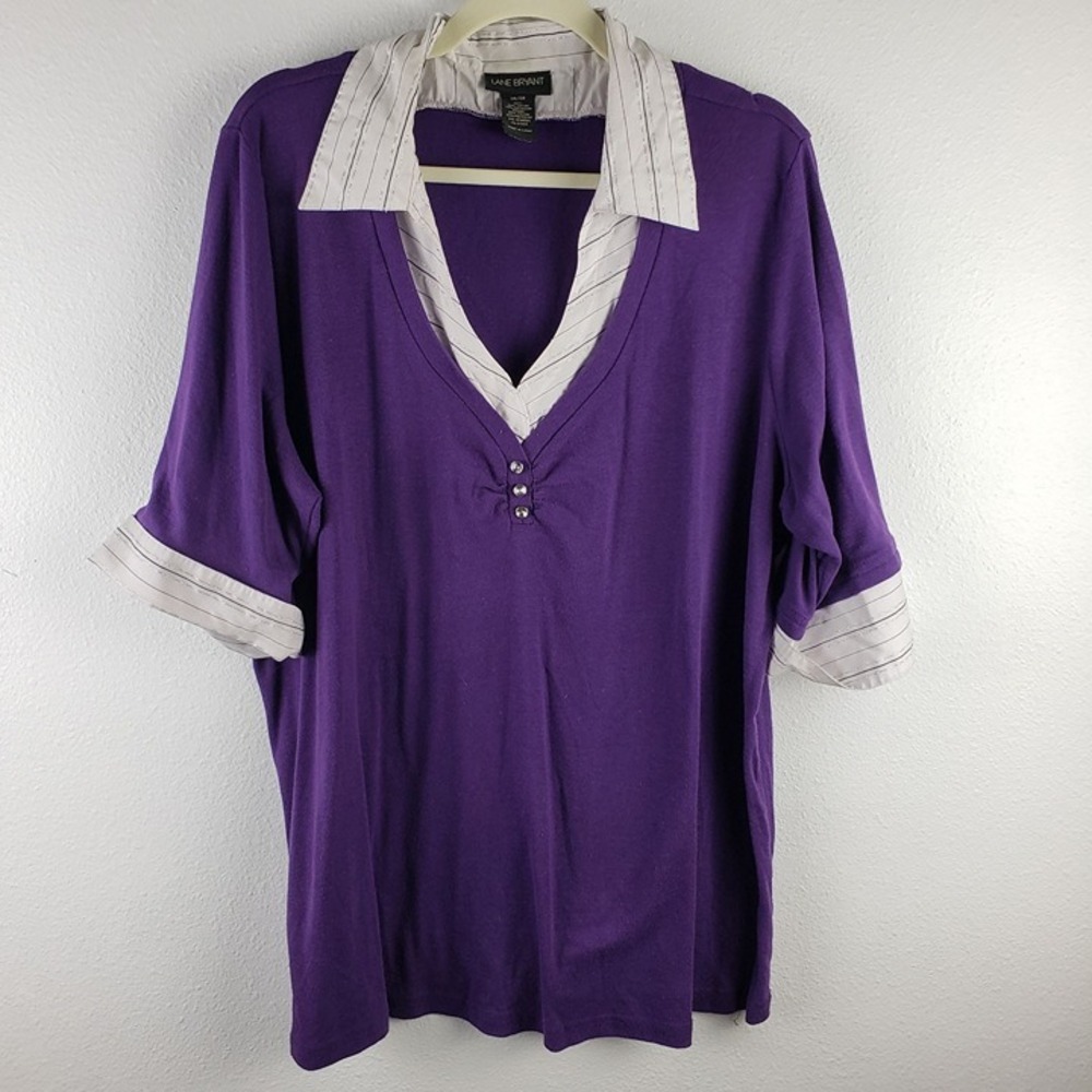 Lane Bryant Women's 26/28 Layered Collar Polo Shirt Bright Purple Short Sleeve